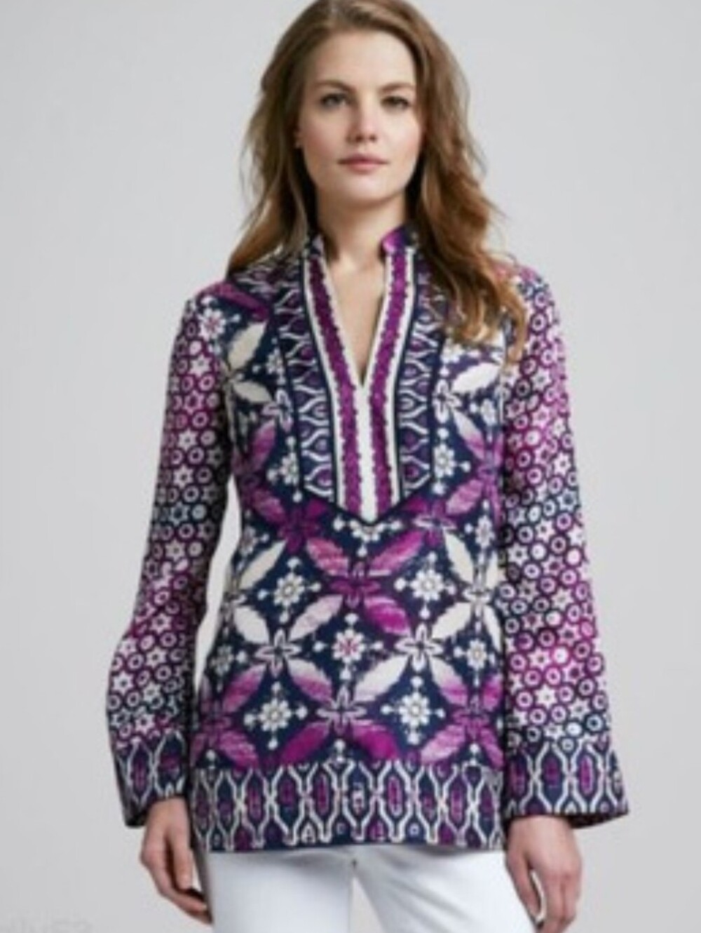 Tory Burch Silk V-Neck Ikat Tunic Top Size 2